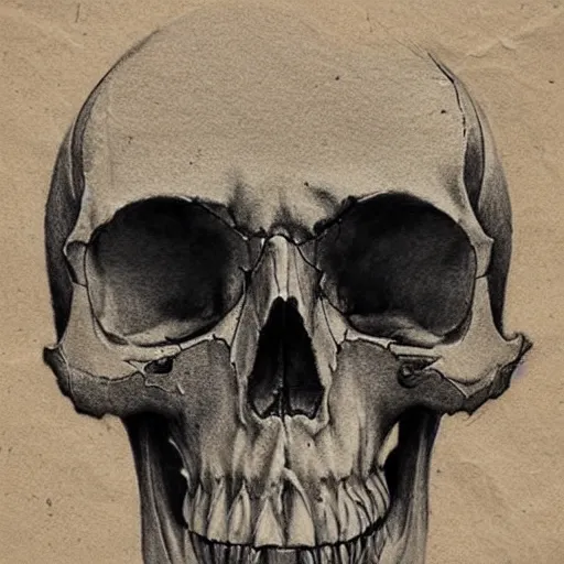 Image similar to pencil sketch of a skull on old torn paper, dramatic lighting, ultra detail, creepy, book cover