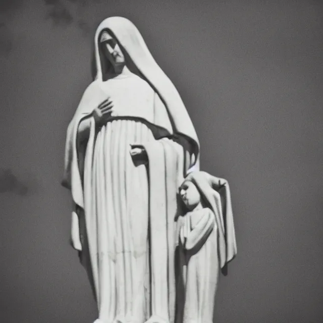 Prompt: statue of mother mary, black and burned and on fire, ultramax photograph