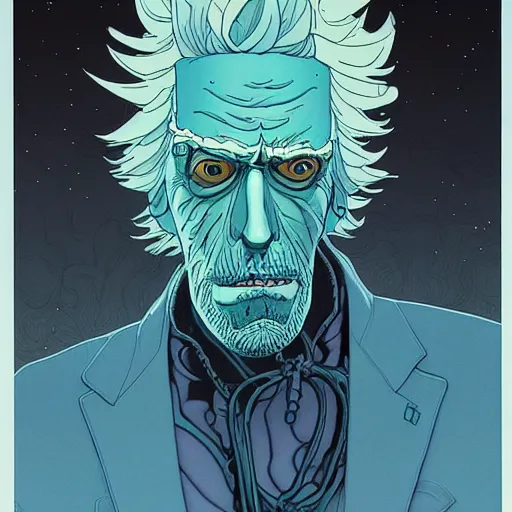 Prompt: westworld rick sanchez futurama portrait by charles vess and james jean and erik jones and rhads, inspired by ghost in the shell, beautiful fine face features, intricate high details, sharp, ultradetailed