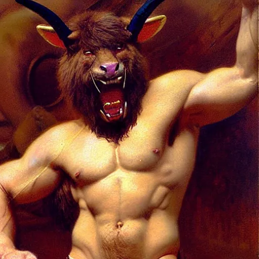 Image similar to a portrait of a furry minotaur, furry body, furry chest, furry arms, furry legs, tail. highly detailed painting by gaston bussiere, craig mullins, j. c. leyendecker, furry