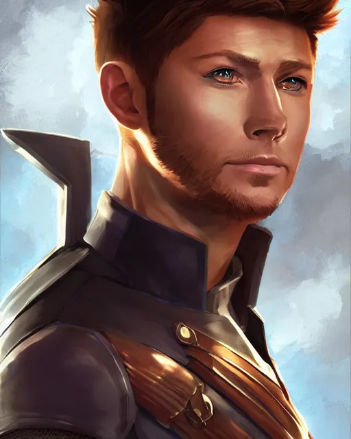 Image similar to an anime portrait of jensen ackles as a beautiful man wearing a captain america costume from skyrim, by stanley artgerm lau, wlop, rossdraws, james jean, andrei riabovitchev, marc simonetti, and sakimichan, trending on artstation