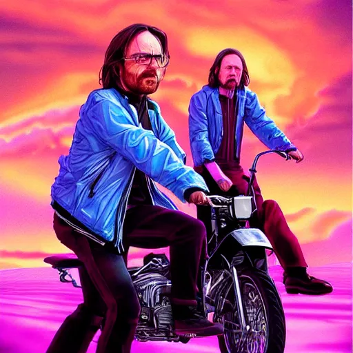 Image similar to walter white riding jesse pinkman, and a purple coloured leather jacket, one side haircut, long brown hair with light blue ends, portrait, hyperdetailed, artstation, cgsociety, synthwave by tangerine dream, by jean - michel jarre, by vangelis, by john carpenter
