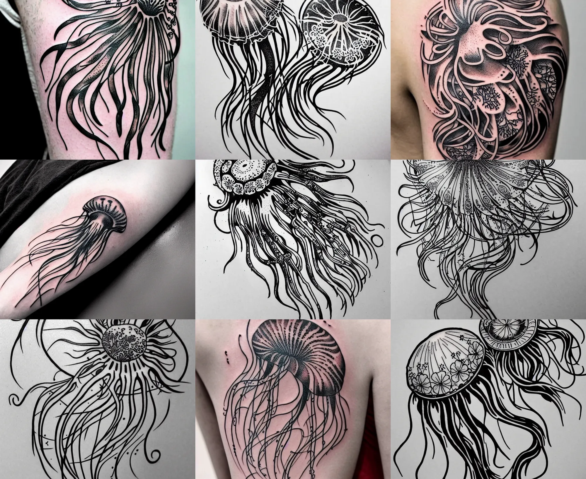 Prompt: detailed amazing tattoo stencil of a jellyfish floral