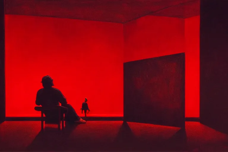 Image similar to only with red, netflix studios with workers, a big mickey mouse head in the middle of the room, in the style of beksinski, parts by edward hopper, parts by rodcenko, parts by yue minjun, intricate and epic composition, red by caravaggio, insanely quality, highly detailed, masterpiece, red light, artstation, 4 k