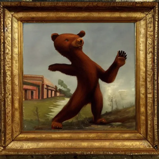 Image similar to oil painting of a socialist bear vowing to take down capitalism