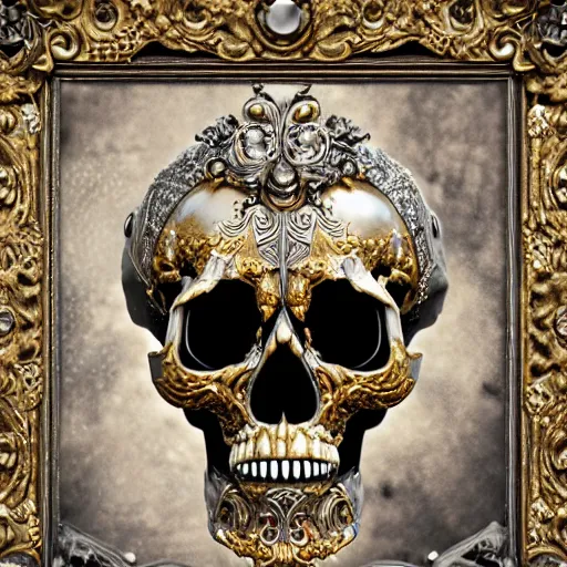 Prompt: a beautiful, ornate and intricate rococo skull with silver and gold details, inside a black rococo frame, 4k, octane render, vray, unreal engine, photorealistic