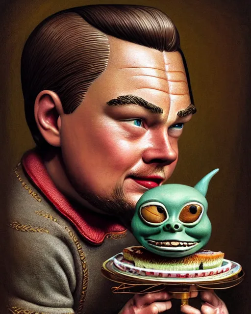 Image similar to highly detailed closeup, face profile portrait of a tin toy leonardo dicaprio as a medieval goblin eating cakes in a castle, hyper realistic, artstation, illustration, nicoletta ceccoli, mark ryden, lostfish, dan decarlo, bob clampett, max fleischer, digital paint, matte paint, vivid colors, detailed and intricate environment