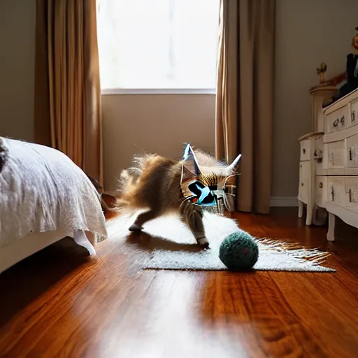 Prompt: cream color maine coon cat chasing a cat feather toy in a sunlit bedroom, hardwood floors with a colorful throw rug, bay window sofa in the background, high energy, by Jeff Easley