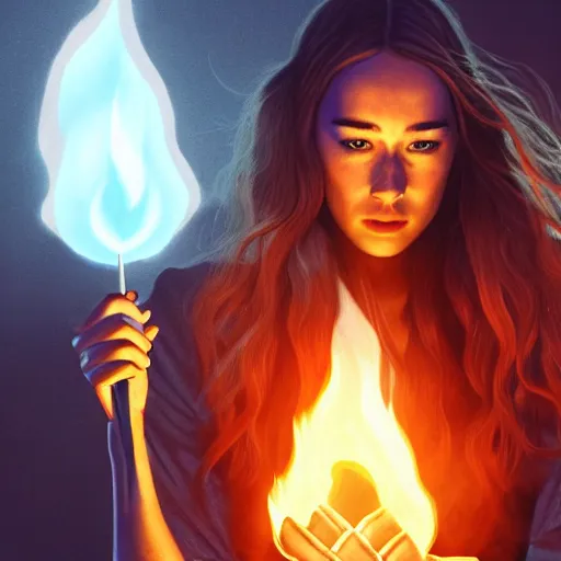 Image similar to alycia debnam carey as a pyromancer with fire aura by her side, blue flame, spark, illustration, Ray tracing reflection, dynamic pose, natural lighting,