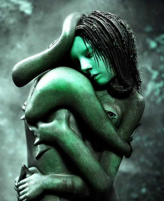 Prompt: xenomorph hugging pale sad beauty, dark emerald mist colors, giger background liminal void, cinematic lighting, realistic, award winning photograph, various refining methods, micro macro autofocus