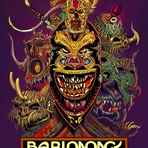 Image similar to barong family ancient sword with jewels, wiwek, mara demon, one single tribe member, jungle, one single mask, dark, tribal, inner glow, art by dan mumford and justin gerard