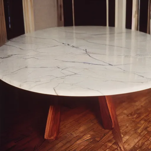 Image similar to photo of dining table with marble in the center, wood around it, cinestill, 8 0 0 t, 3 5 mm, full - hd