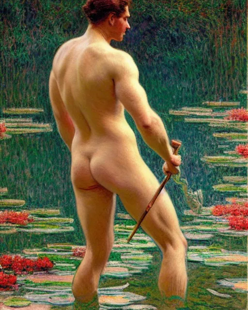 Image similar to handsome philospher wading through a river, reflective water,!!! pants!!! painting by tom of finland, gaston bussiere, craig mullins, j. c. leyendecker, claude monet