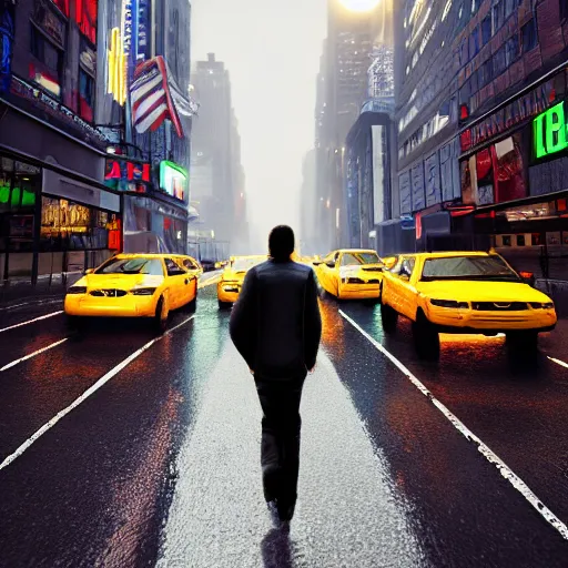 Image similar to « a man walking in a night raining streets, new york, big city, taxi, cars, shops one the side with neons, digital art, highly detailed, photorealistic, unreal engine 5, back view »