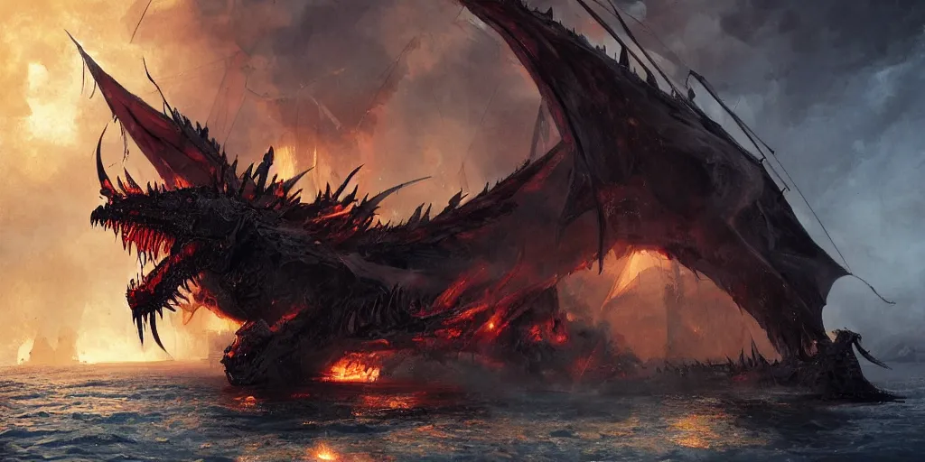 Prompt: A vicious black dragon breathes flames on a Spanish Galleon concept art by Greg Rutkowski,