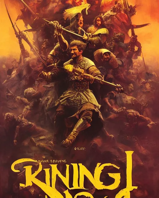 Prompt: Movie poster of The Ranking of Kings, Highly Detailed, A master piece of storytelling, wide angle, cinematic shot, Battle, highly detailed, cinematic lighting, by frank frazetta + ilya repin , 8k, hd, high resolution print