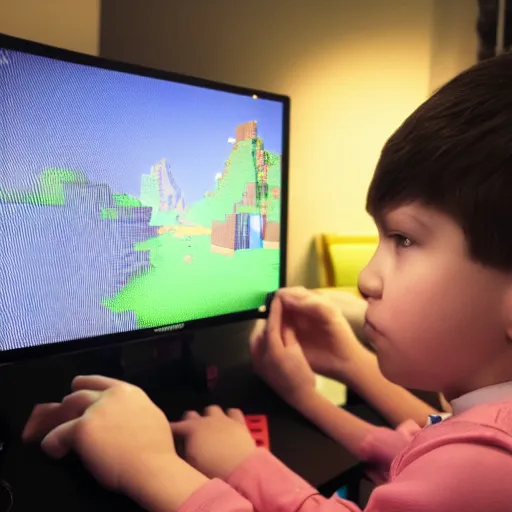 Image similar to a kid with eyes bulging staring at a bright computer screen at night playing minecraft