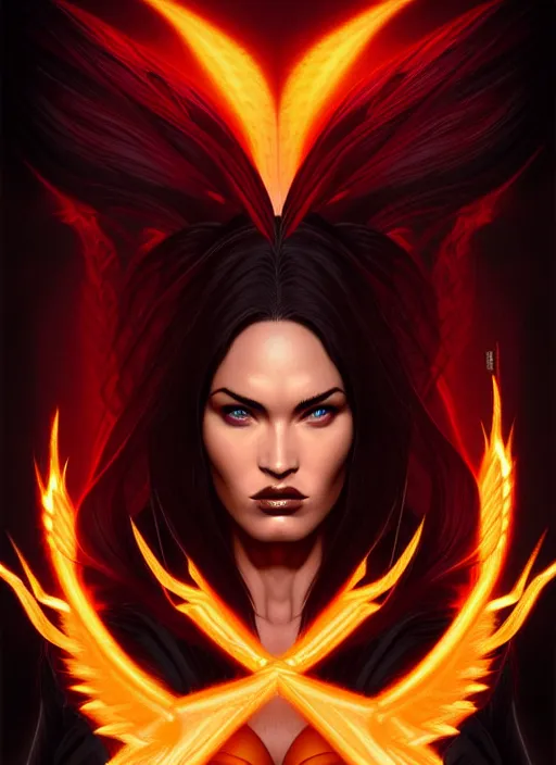 Image similar to symmetry!! gantz portrait of megan fox as a dark phoenix, unholy, intricate, highly detailed, dynamic lighting, digital art, digital painting, artstation, terence nielsen, sharp focus, illustration, art by artgerm and greg rutkowski and moebius, 8 k