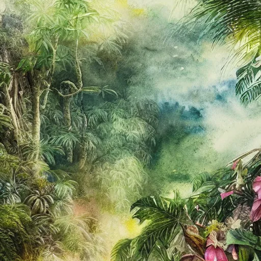 Prompt: a beautiful intricate watercolor painting of jungle plants, 4 k, ultra - wide angle, by william turner, ultra detailed, by miho hirano, hd, pastel color scheme