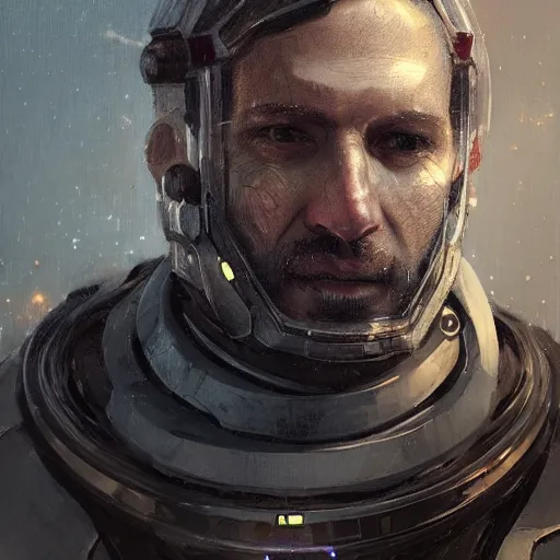 Image similar to Portrait of a man by Greg Rutkowski, he is about 30 years old, Nordic and Hebrew factions, messy brown short hair, strong, tired expression, father figure image, he is wearing a futuristic space gear, highly detailed portrait, scifi, digital painting, artstation, concept art, smooth, sharp foccus ilustration, Artstation HQ.