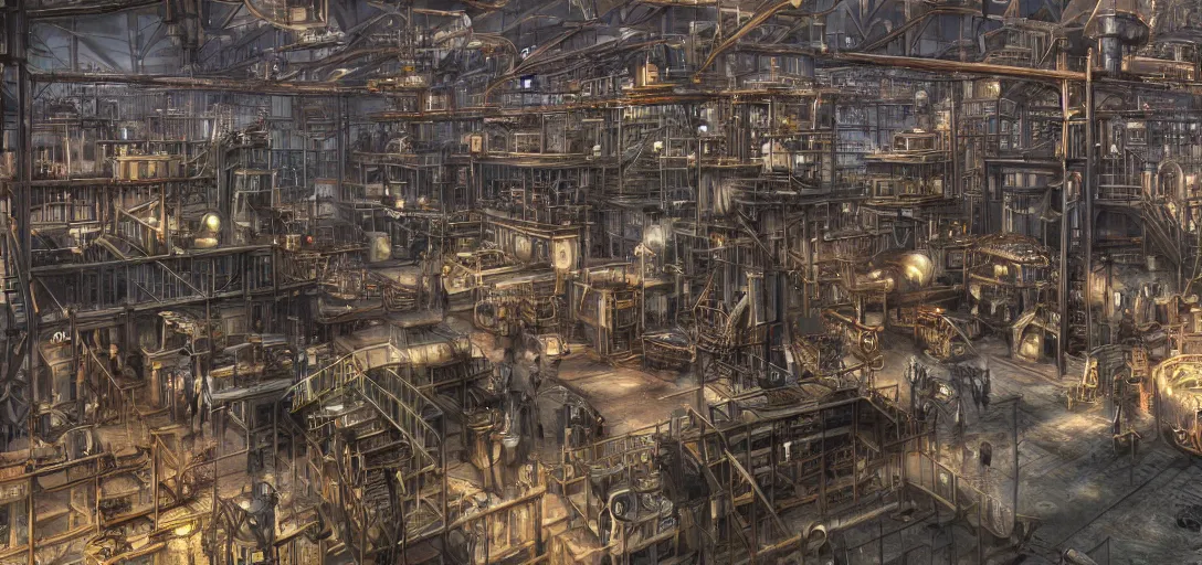 Prompt: photorealistic photograph of a giant steampunk factory, realism, 4k