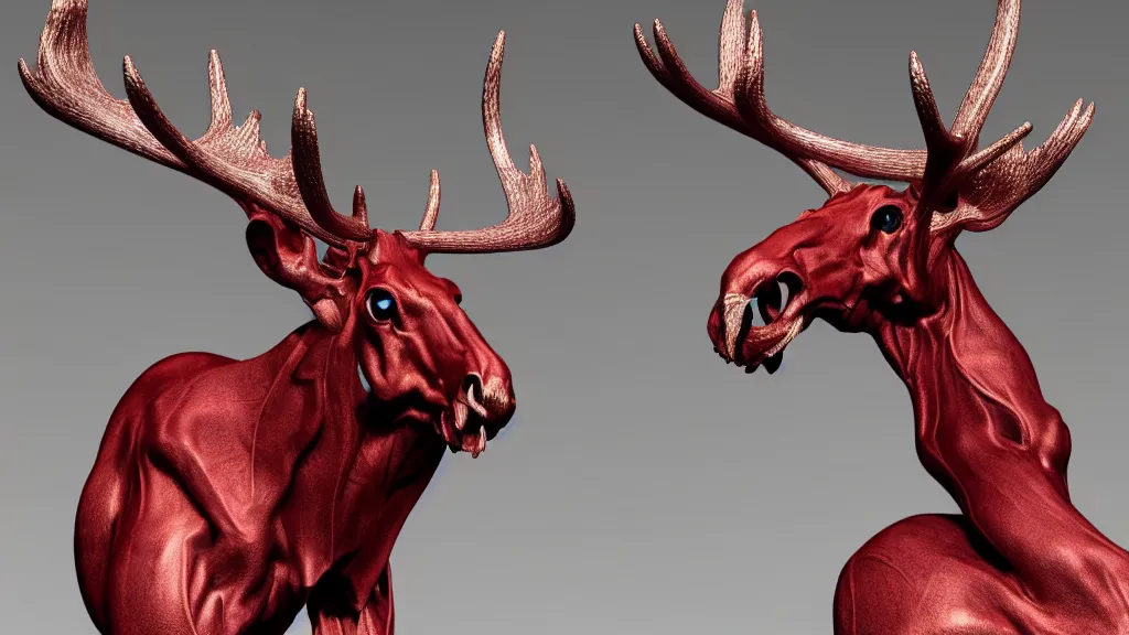 Image similar to stylized shiny polished silver statue full body bizarre extra limbs cosmic horror quadruped animal moose deer skull four legs made of creature tendrils perfect symmetrical body perfect symmetrical face hyper realistic hyper detailed by johannen voss by michelangelo octane render blender 8 k displayed in pure white studio room anatomical deep red arteries veins flesh animatronic