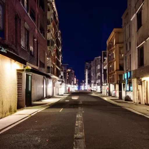 Prompt: an urban neighborhood street at night, the only light is coming from the street lamps, there is something strange at the end of the street