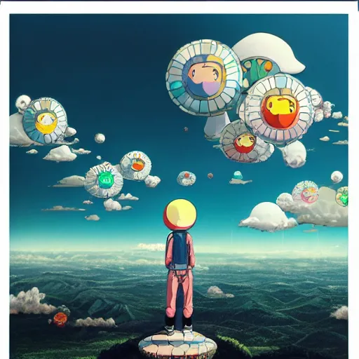 Image similar to a man walking on clouds above kyoto by takashi murakami, beeple and james jean, aya takano color style, 4 k, super detailed