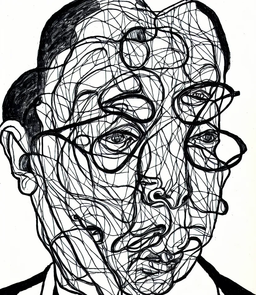 Prompt: elegant line art portrait of igor stravinsky. inspired by egon schiele. contour lines, musicality, twirls, curls and curves, strong personality, staring at the viewer