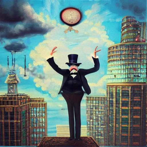 Image similar to A beautiful painting of a man with a beard and a top hat, looking over a cityscape. lomography by Mark Ryden swirling