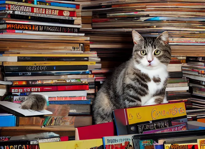 Image similar to photography of a Cat sitting on a pile of books and vinyls. a record player is in the shot. in a room full of vinyls and posters out of the 70's, photorealistic, raining award winning photo, 100mm, sharp, high res