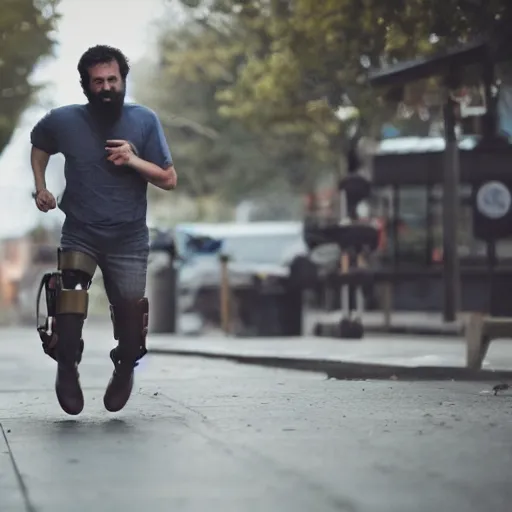 Prompt: Eliezer Yudkowsky being chased by a robot, movie still, DSLR 50mm