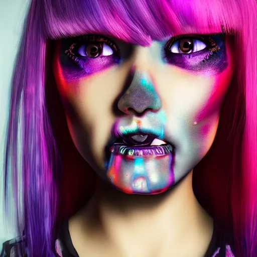 Image similar to a ultra detailed cyber girl with violet punk hair, ultra realistic wild face and wild eyes