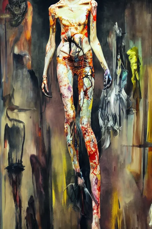 Image similar to crazy fashion catwalk, one model, crazy clothes, biopunk style, horror, hauntingly surreal, highly detailed painting by francis bacon, edward hopper, adrian ghenie, gerhard richter, and james jean soft light 4 k,