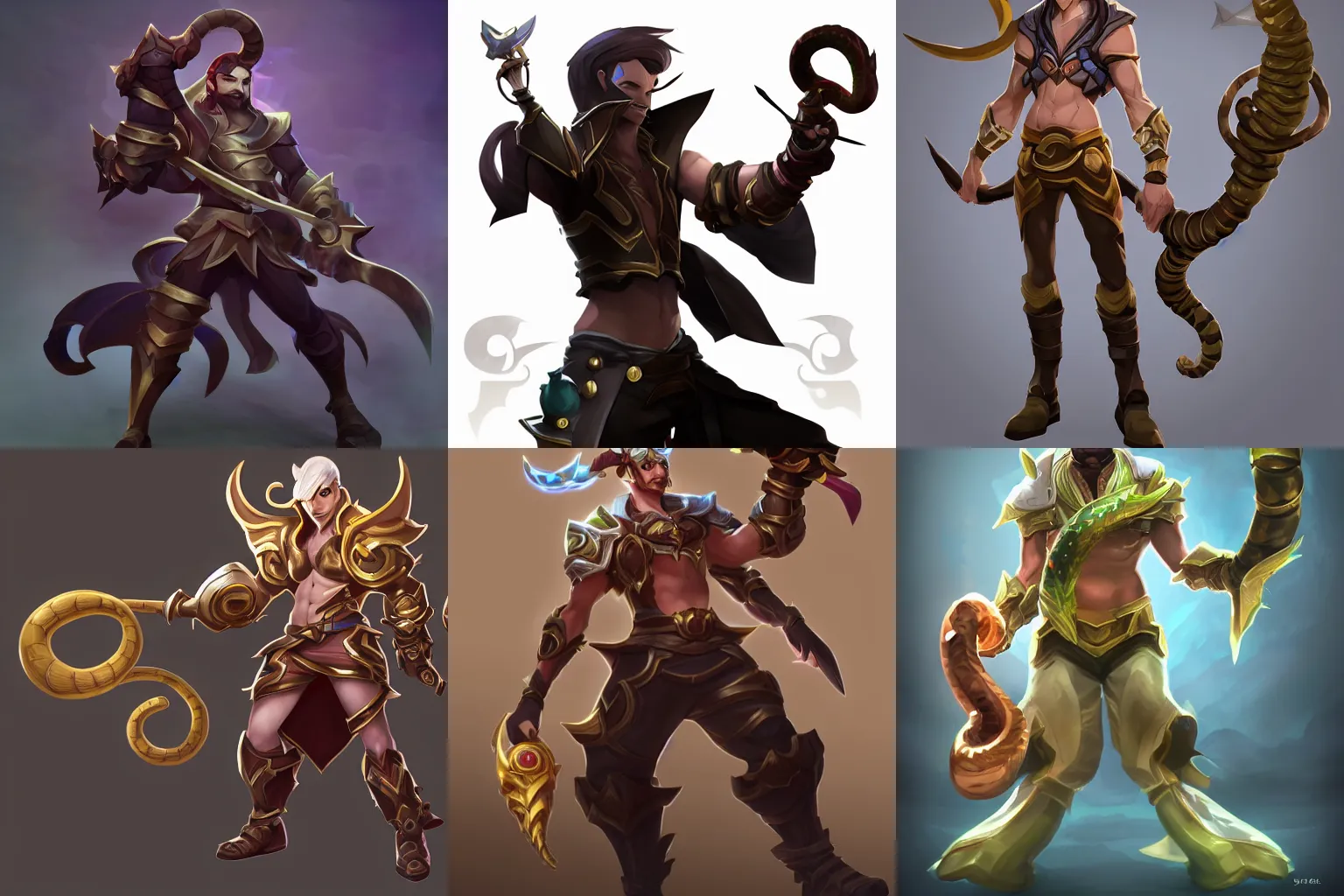Prompt: a full body shot of a man holding a snake in the style of league of legends character concept art,