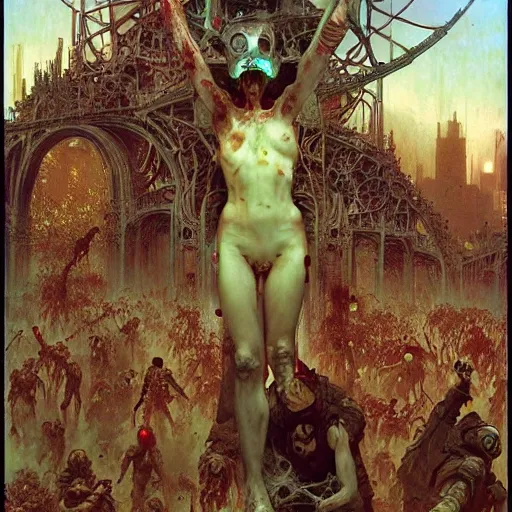 Prompt: riot of the cyberpunk zombies by bourguereau, mucha and beksinski, hyper real