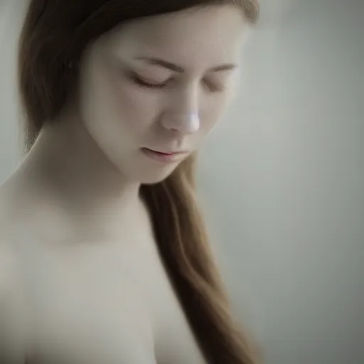 Image similar to photorealistic portrait of a beautiful young woman, very blurry, out of focus, translucent stone white skin, closed eyes, foggy, closeup