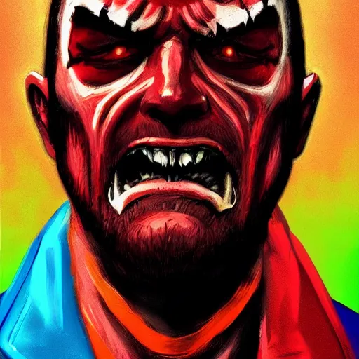 Prompt: Bright, colorful, realistic Serial killer rpg single individual headshot gore covered scream dramatic backlighting, kodachrome, high contrast, highly detailed, sharp focus, digital painting, concept art, illustration, trending on artstation, comic book by Alex Ross cover art