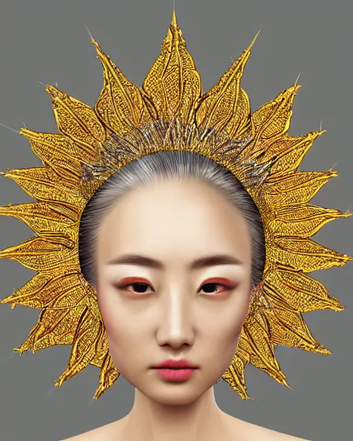 Image similar to hyper realistic portrait photo of beautiful ameterasu the sun goddess of japan, japanese model, portrait shot, intricate detail, glittering sun rays