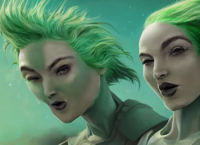 Image similar to beautiful aliens faces with green hair, 8 k, matte painting, in the style of artist, ann stokes