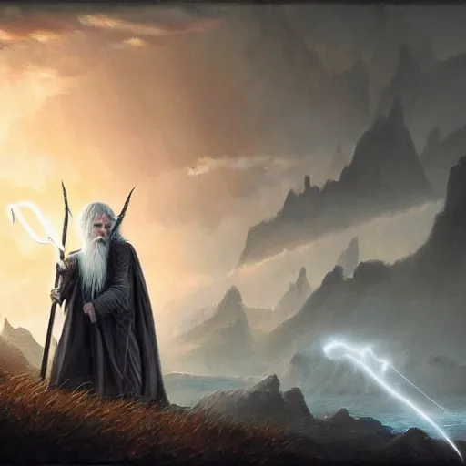 Image similar to gandalf casts a lightningbolt on saruman, wizardbattle, dramatic light, night, thunderclouds, fantasy background, painted by stanley lau, painted by greg rutkowski, painted by stanley artgerm, digital art, trending on artstation