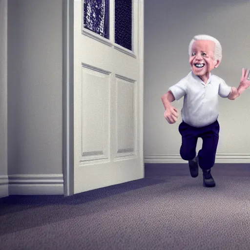 Image similar to joe biden chasing a child in the backrooms, hyper - realistic, 4 k, octane - render, realistic.