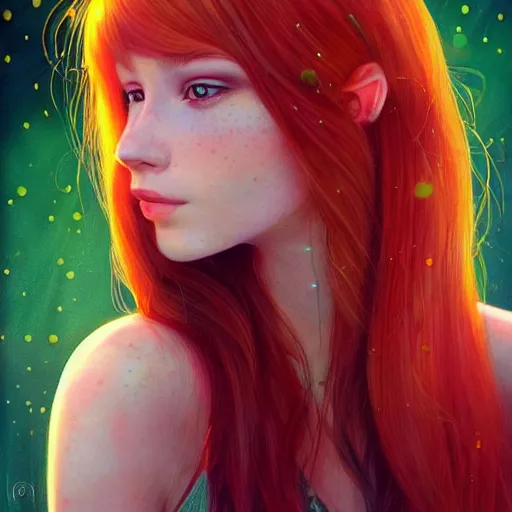 Prompt: portrait of a red haired girl loving to be among among fireflies, with long hair, green eyes, round beautiful face, a soft smile, hint of freckles, wonderful lights, highly detailed, hyper realistic colorful art by artgerm