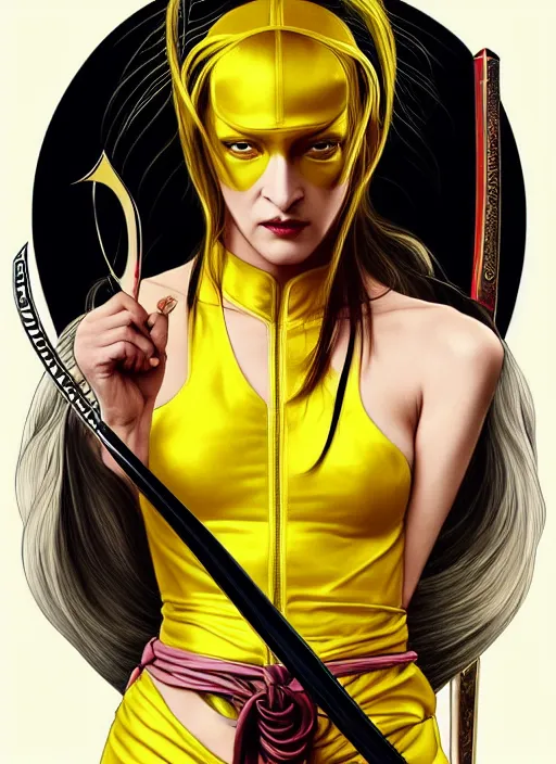 Prompt: uma thurman in kill bill as a very cool warrior, rococo and art nouveau fusion, swinging reflective katana, yellow jumpsuit with black stripe, highly detailed, deep focus, elegant, digital painting, smooth, sharp focus, illustration, ultra realistic, japanese art by artgerm and alphonse mucha