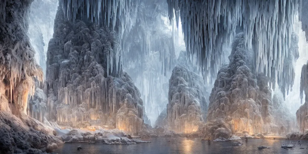 Prompt: A hyperrealistic concept art of a very beautiful winter cityscape of a city inside giant cave, lots of giant stalactites and stalagmites, stunning massive ornately 3d render inspired art by Renato muccillo and Andreas Rocha and Johanna Rupprecht + symmetry + natural volumetric lighting, 8k octane beautifully detailed render, post-processing, highly detailed, intricate complexity, epic composition, magical atmosphere, cinematic lighting + masterpiece, trending on artstation