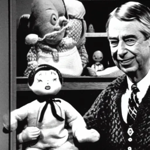 Image similar to Mr. Rogers surrounded by evil killer dolls