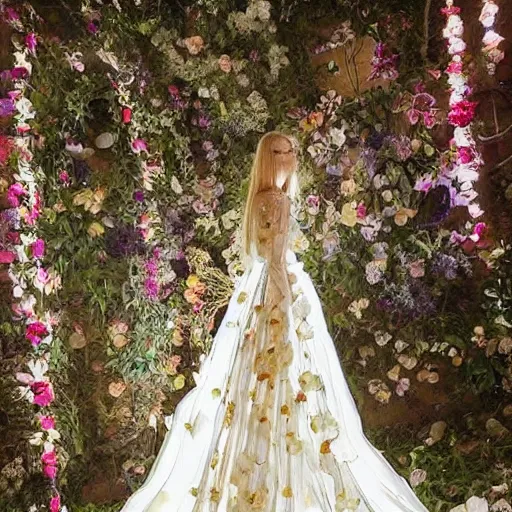 Image similar to a long wedding dress with a train made of flower petals made of light - colored fabric. transparent in places. in places, patterns of precious stones. intricate patterns of gold thin threads. fantasy. clear details