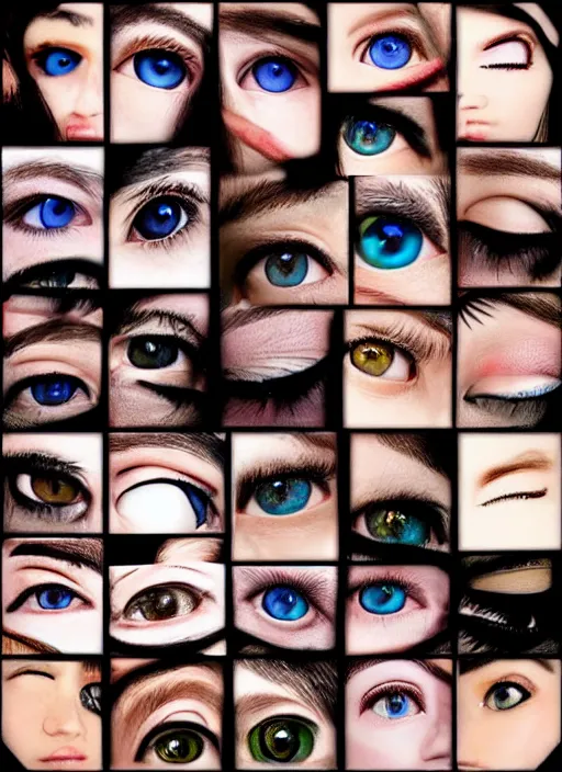 Image similar to grid montage of square shaped eyes, square shaped dilated pupils, square irises, detailed colored textures, eyelashes, advanced art, art styles mix, from wikipedia, wet reflections in eyes, sunshine light, hd macro photograph, from side, various eyelid positions, square black pupil centered