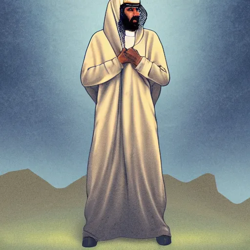 Image similar to arab man standing up in the mountains, album cover design illustration digital art