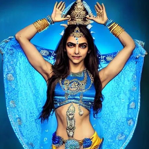 Prompt: extremely beautiful deepika padukone as a blue - skinned indian goddess with six arms, symmetric, aesthetic!!!, cosplay, studio lighting, beautiful symmetric face, clean composition, highly symmetric body parts, gazing eyes, blue skin, blue body paint